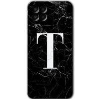 MRCİLETİSİM Samsung Galaxy M33 Kılıf Baskılı Kapak - Siyah Mermer Desenli T Harfi + 5D Tam Kaplayan Cam