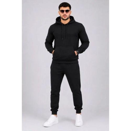 Erkek İki İplik Kapüşonlu Kanguru Cepli Sweatshirt Jogger Pantolon Alt Üst Eşofman Takımı -Siyah