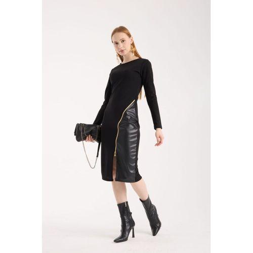 Kadın Bisiklet Yaka Uzun Kollu Deri Ve Fermuar Detay Mini Yırtmaçlı Elbise