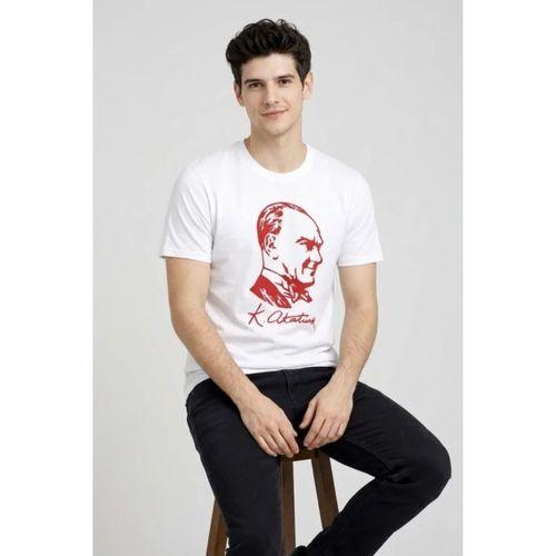 Erkek Atatürk Baskılı Tişört Kısa Kollu Bisiklet Yaka T-Shirt - Beyaz