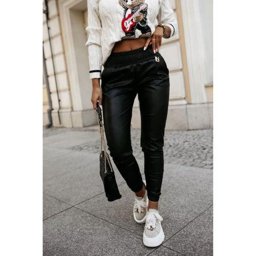 Kadın Yüksek Bel Lastikli Cepli Deri Pantolon