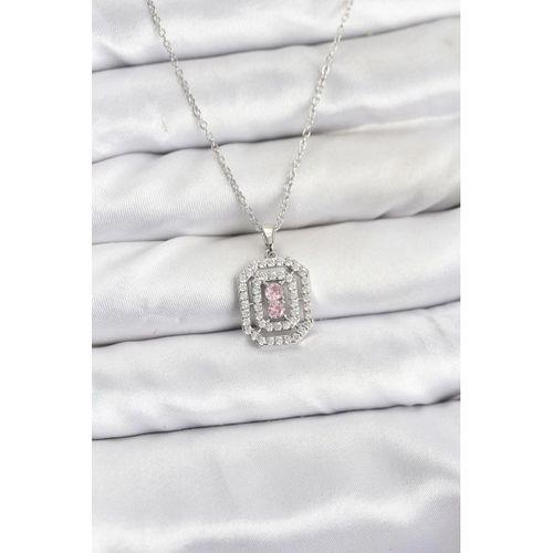 316L Çelik Zincir Gümüş Renk Plaka Model Zirkon Taşlı Kadın Kolye