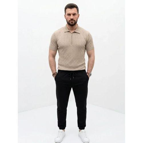 Erkek Yazlık Triko Saç Örgü Tişört Kısa Kol Polo Yaka Fermuarlı T-Shirt - Bej