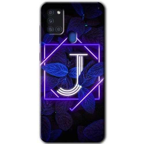 Samsung Galaxy A21s HD Baskılı Kılıf + 9D Tam Ekran Koruyucu - Dark Neon Yaprak J Harfi