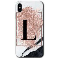 MRCİLETİSİM iPhone Xs Kılıf Baskılı Kapak - Pembe Mermer Desenli L Harfi + 5D Tam Kaplayan Cam