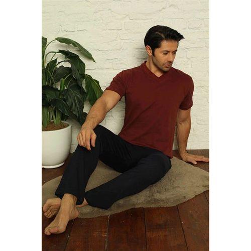 Erkek Bordo V Yaka 3'lü Pijama Takım