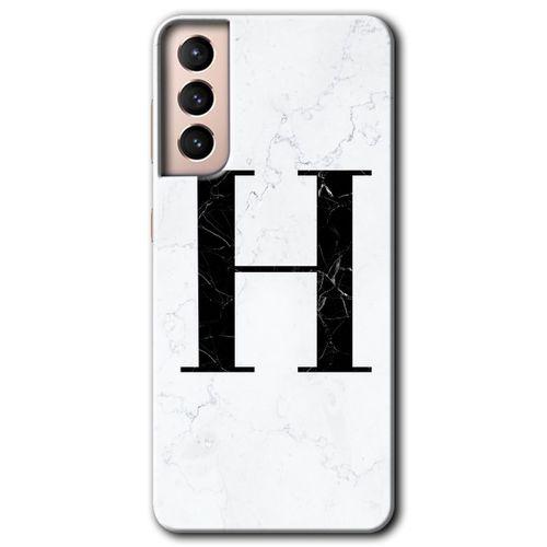 Samsung Galaxy S21 HD Baskılı Kılıf + 9D Tam Ekran Koruyucu - Beyaz Mermer Desenli H Harfi