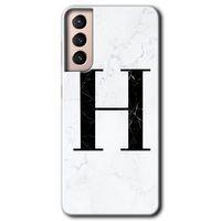 Samsung Galaxy S21 HD Baskılı Kılıf + 9D Tam Ekran Koruyucu - Beyaz Mermer Desenli H Harfi