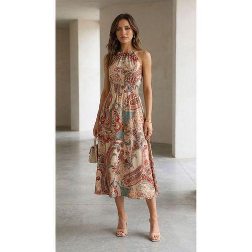 Kadın Kolsuz Boyundan Bağlamalı Beli Lastikli Dijital Baskı Süprem Uzun Elbise