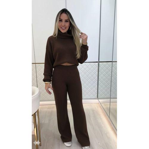Kadın Uzun Kollu Balıkçı Yaka Kısa Triko Bluz Ve Pantolon Ikili Takım