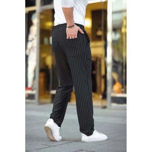 Erkek Cizgili Dokuma Krep Jogger Buggy Pantalon Rahat Kalıp - Siyah