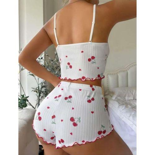 Beyaz Kiraz Desenli Askılı Şortlu Pijama Takımı