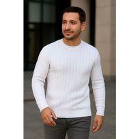 Erkek Bisiklet Yuvarlak Yaka Triko Kazak Pamuklu Kalın Fitilli Dokuma, Regular Fit Uzun Kollu Kışlık Model - Beyaz