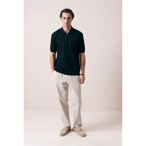 Burke Saç Örgü Yarım Fermuarlı Kısa Kollu İnce Triko Erkek T-Shirt - Siyah