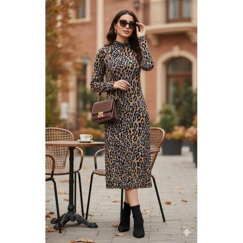 Kadın Uzun Kollu Balıkçı Yaka Leopar Desenli Midi Boy Elbise
