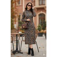 Kadın Uzun Kollu Balıkçı Yaka Leopar Desenli Midi Boy Elbise