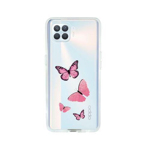 Oppo Reno 4 Lite Pembe Kelebekler Desenli Premium Şeffaf Silikon Kılıf