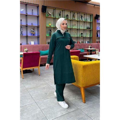 Dik Yaka Kısa Fermuarlı Yırtmaçlı Sade Basic Uzun Tunik ve Pantolon İkili Spor Takım - 03062.021 - Nefti