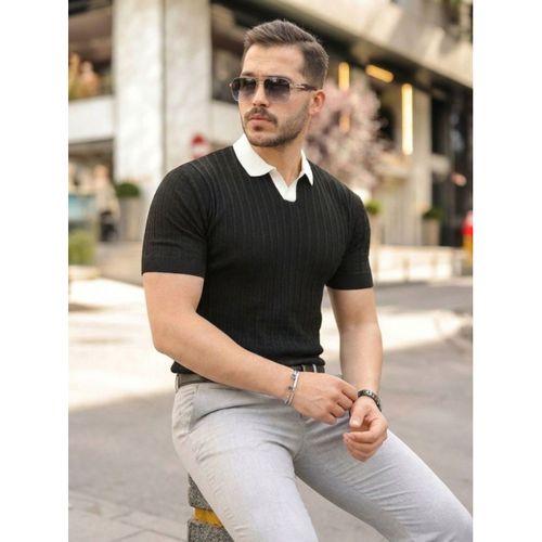 Erkek Yaka Detaylı Desen Dokulu Triko Tişört