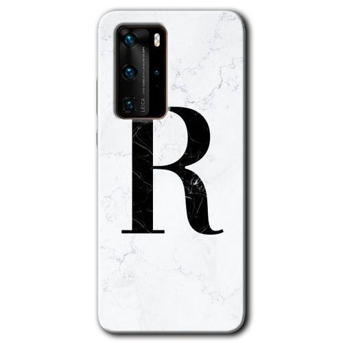 MRCİLETİSİM Huawei P40 Pro Kılıf HD Desen Baskılı Arka Kapak + Temperli Cam - Beyaz Mermer Desenli R Harfi