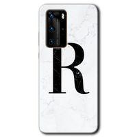 MRCİLETİSİM Huawei P40 Pro Kılıf HD Desen Baskılı Arka Kapak + Temperli Cam - Beyaz Mermer Desenli R Harfi