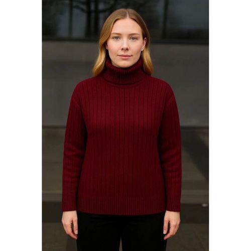 Balıkcı Yaka Bağazlı Triko Kazak Pamuklu Kalın Fitilli Dokuma - Bordo