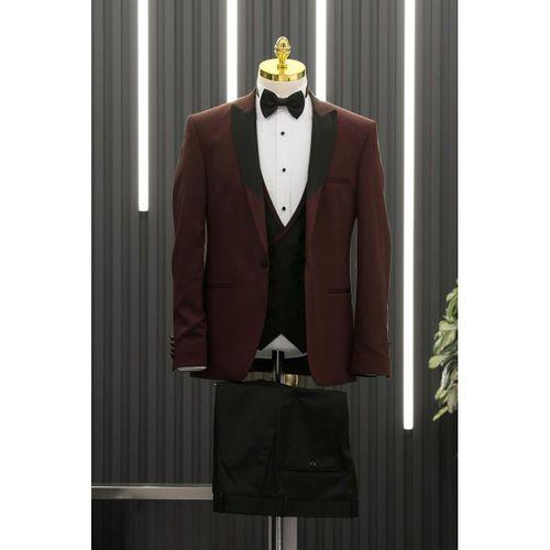 Slimfit Armürlü Kırlangıç Çıkmalı Yaka Yelekli Papyonlu Smokin Takım Elbise