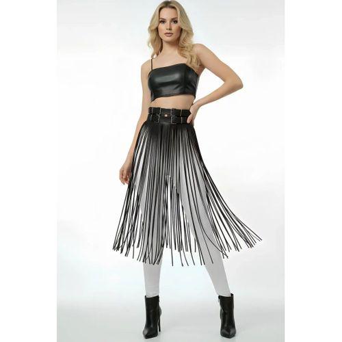 Siyah Etek Deri Yüksek Bel Etek Çift Tokalı Uzun - Brf1090