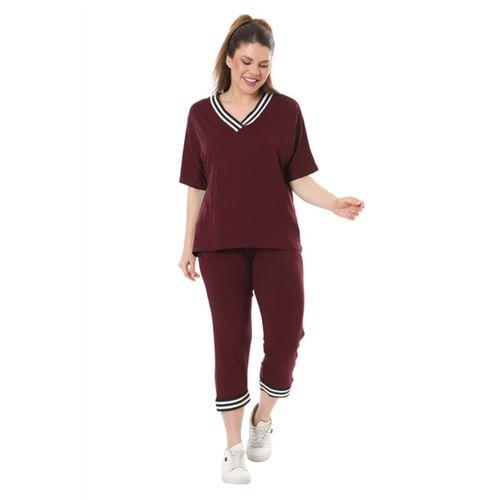 Melsay Butik Bordo V Yaka Şerit Detaylı Kısa Kollu Beli Lastikli Kapri Takım