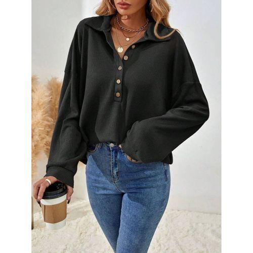Kadın Uzun Kollu Yakalı Düğmeli Salaş Waffle Bluz