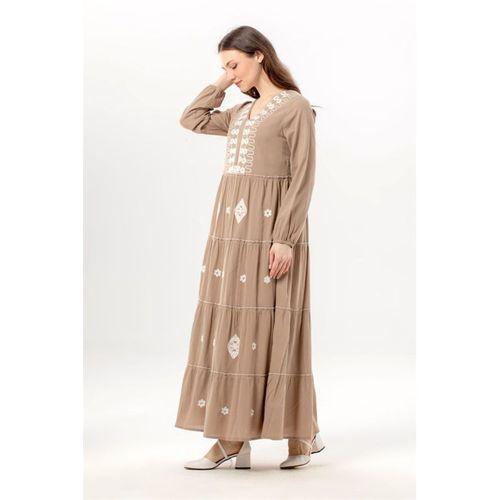 Uzun Kol Yakamoz V Yaka Nakışlı Şile Bezi Uzun Pullu Elbise Humus hms