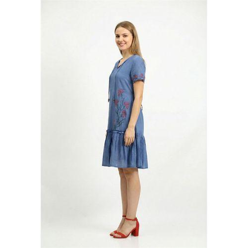 Kısa Kol Gülbin Bağcıklı V Yaka Nakışlı Yazlık Vual Kısa Elbise İndigo indg