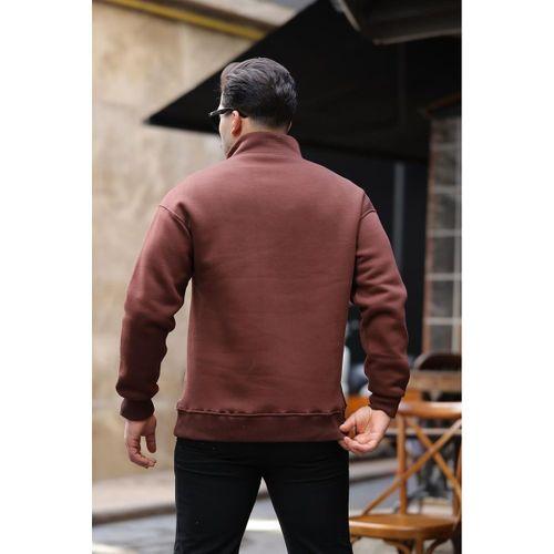 Cozy Kanguru Nakışlı Şardonlu Yarım Fermuar Sweatshirt - Kahve