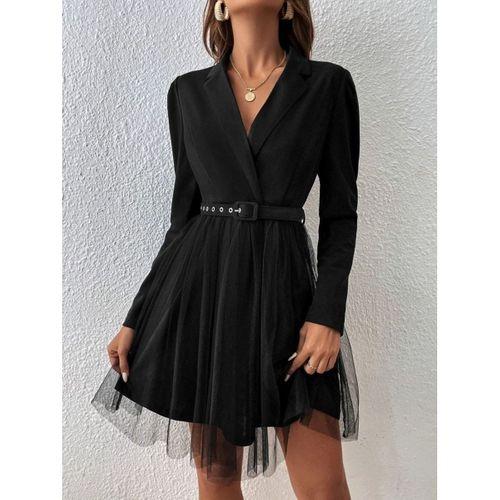 Kadın Uzun Kollu Yakalı Belinde Kemer Detaylı Mini Tüllü Ithal Krep Elbise