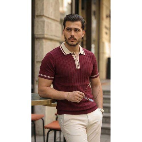 Erkek Düğme Yakalı Kontrast Yaka Triko Tişört