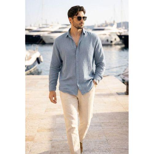 Nefes Alabilir Yarım Oversize Müslin Kumaş Uzun Kol Yakalı Erkek Gömlek - Soğuk Mavi