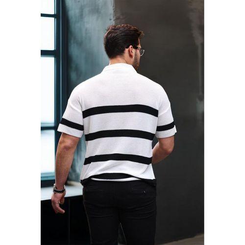 Yarım Fermuar Çizgili Oversize Triko T-Shirt - Beyaz