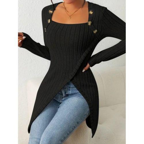 Kadın Uzun Kollu Derin Kare Yaka Düğme Detay şardonlu Kaşkorse Kruvaze Bluz