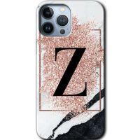 iPhone 13 Pro Kılıf Baskılı Kapak - Pembe Mermer Desenli Z Harfi + 5D Tam Kaplayan Cam