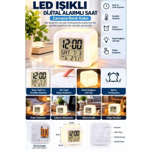 Dekoratif Küp Saat Led Işıklı Dijital Saat Alarm Ve Sıcaklık Özellikli