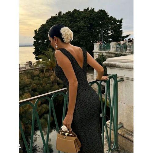Kadın Askılı V Yakalı Uzun Triko Elbise