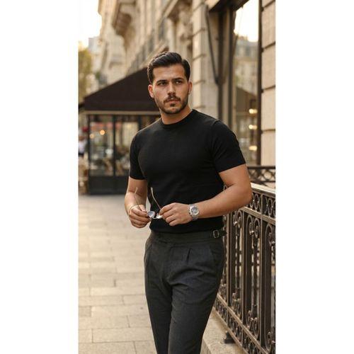 Erkek Basic Bisiklet Yaka Kısa Kollu Triko Tişört - %100 Pamuk Akrilik