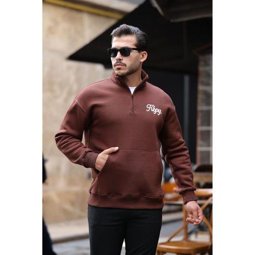 Cozy Kanguru Nakışlı Şardonlu Yarım Fermuar Sweatshirt - Kahve