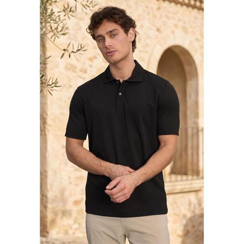 Evenor Kabartma Desenli Polo Yaka Düğmeli Relaxed FitYumuşak İnce Erkek T-Shirt - Siyah