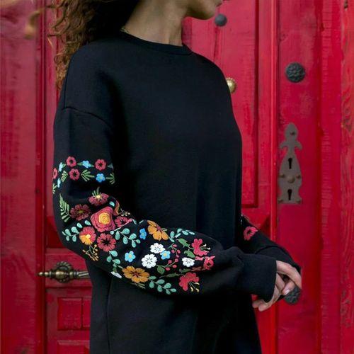 Lucky Life Kadın Iki İplik Kumaş Kolları Nakışlı Bisiklet Yaka Elbise 90cm