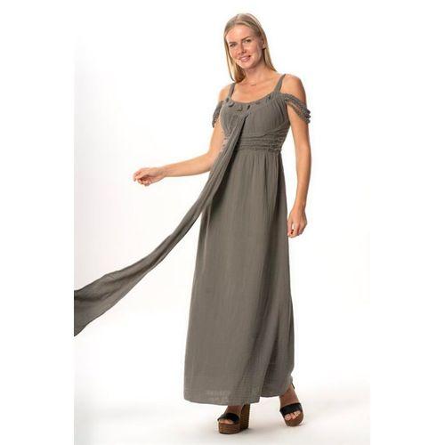 Askılı Kleopatra Kol Detaylı Uzun Müslin Yazlık Elbise Gri Gri