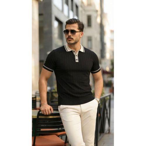 Erkek Düğme Yakalı Kontrast Yaka Triko Tişört