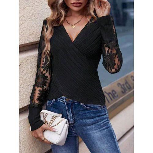 Kadın Uzun Kollu Kruvaze Yaka Kolları çiçek Tül Desenli şardonlu Kaşkorse Bluz