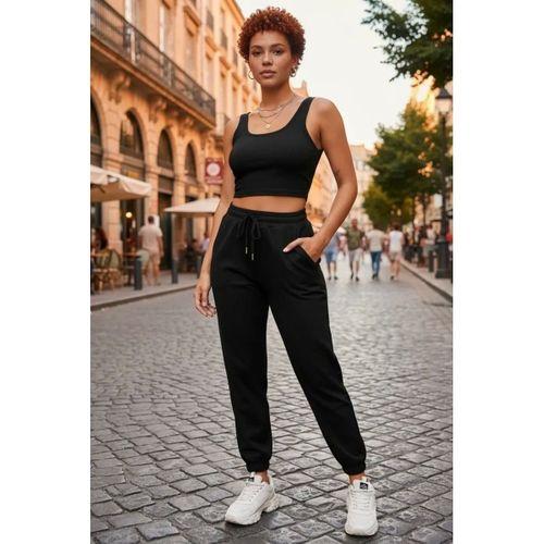 Kadın Siyah Premium Görünümlü Kaşkorse Cepli Jogger Eşofman Altı Ve Crop Top Bluz Takımı