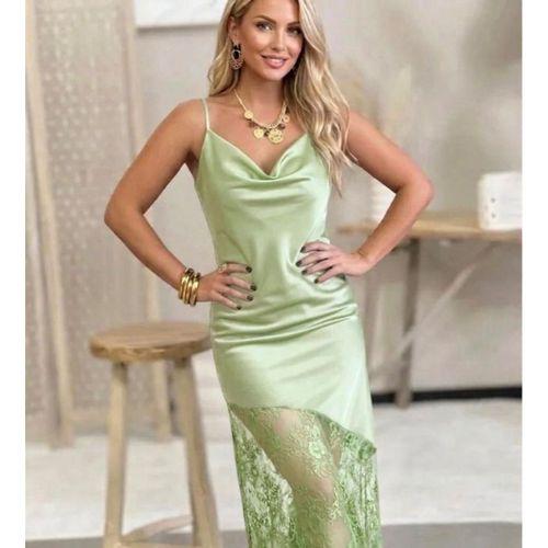 Kadın Omuz Askılı Fantel Güpür Transparan Detay Saten Elbise